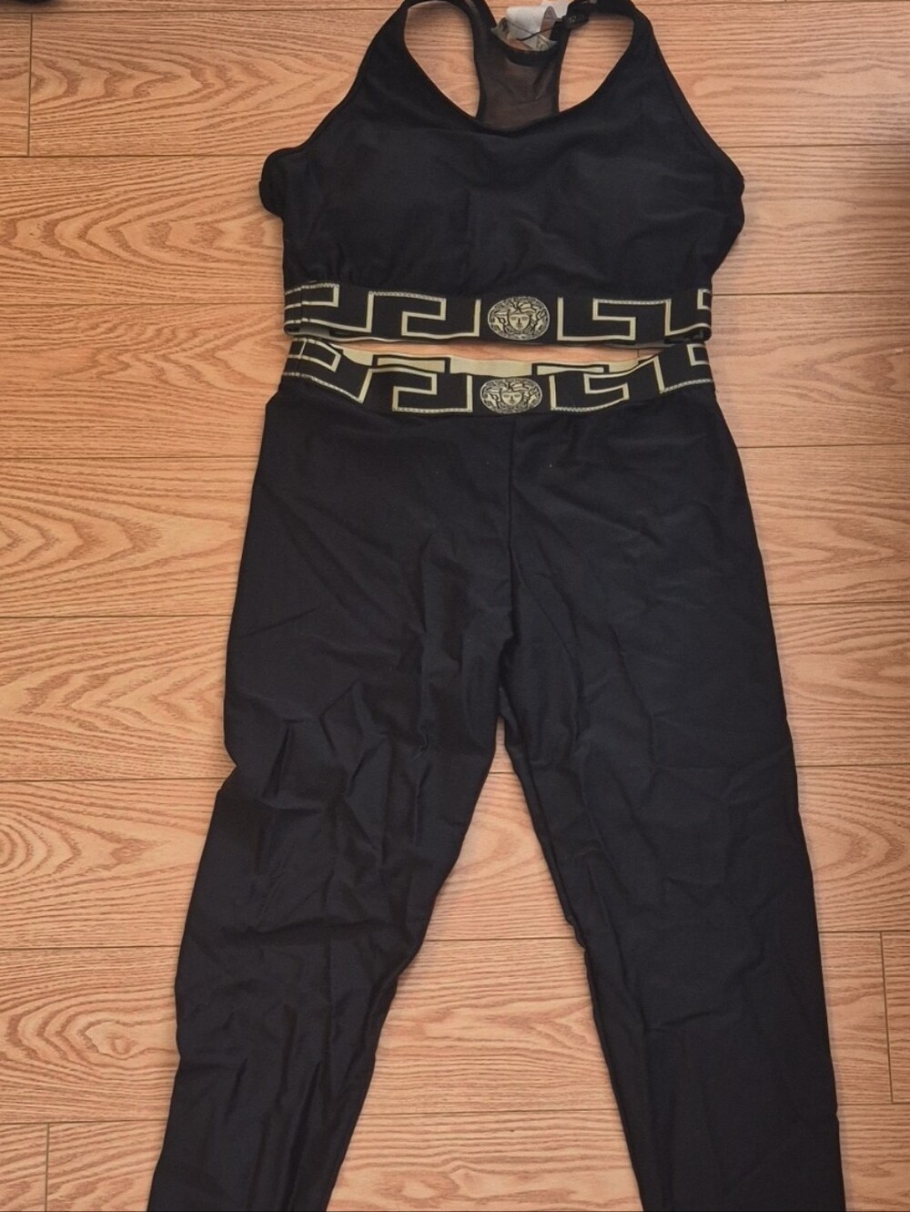 Versace Black Womens Exercise Set with Gold Greek Key Waistband